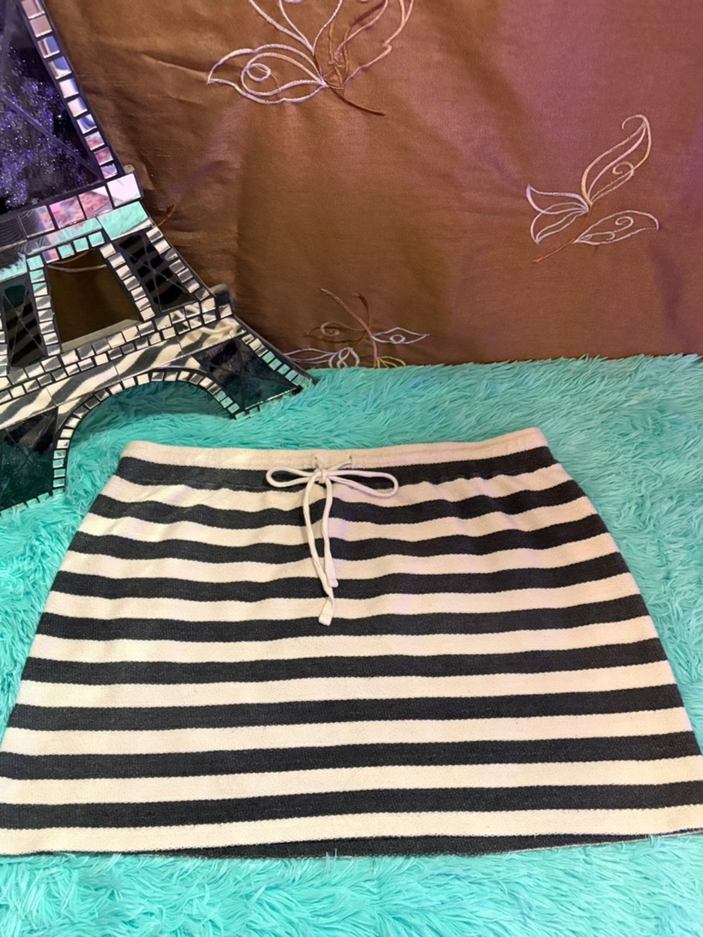 LOFT 100% Cotton Black & White Striped Pull On Drawstring Mini Skirt